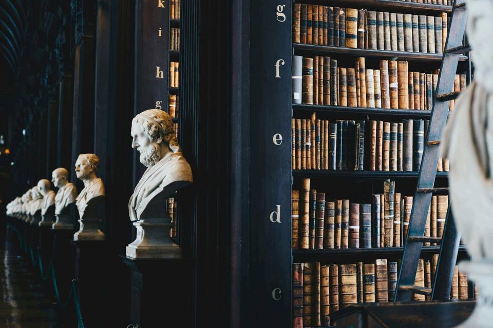 Biblioteca jurídica com estantes de livros antigos e bustos de mármore